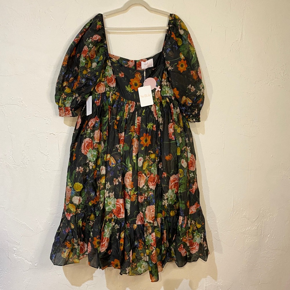 Selkie The French Puff Dress Women 1X Black Night Cap Silk Floral Fairy Midi NWT